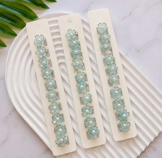 BU-4 Sea Green Pearl Bloom  Hair Buckle Clips 🌸 Set of 10 pcs in One Strip