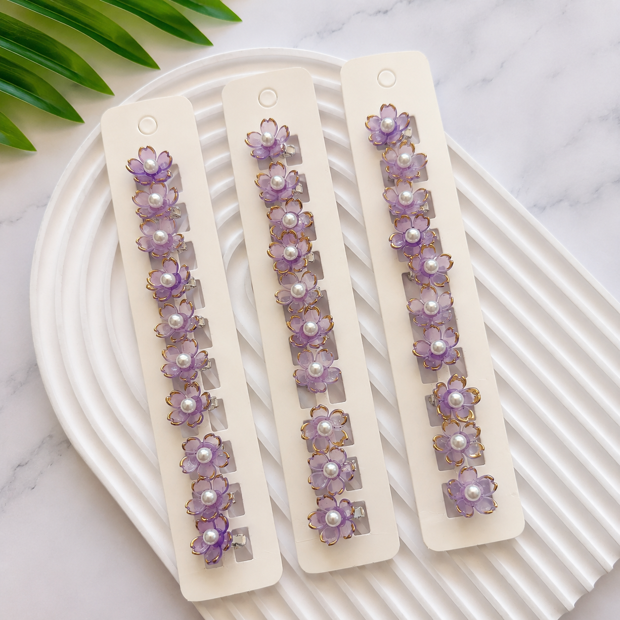 BU-5 Purple Floral Pearl Bloom hair buckle Clips Set of 10pcs in One Strip